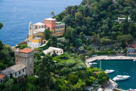 The Church of San Giorgio is a small Catholic church in Portofino, located on an elevated position, enjoying a panoramic view of the Marina di Portofino.の写真素材
