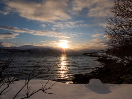Landscape in wintertime on the island of Kvaloya in Norway.の写真素材