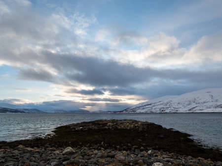 Landscape in wintertime on the island of Kvaloya in Norway.の写真素材