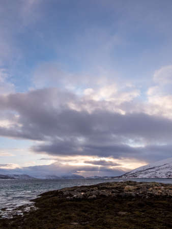 Landscape in wintertime on the island of Kvaloya in Norway.の写真素材