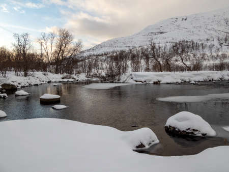 Landscape in wintertime on the island of Kvaloya in Norway.の写真素材