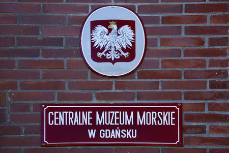 Sign of the National Maritime Museum on Granary Island at the Motlawa in Gdansk - Centralne Muzeum Morskie - Poland.のeditorial素材