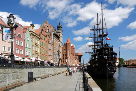 Historical Excursion boat on the Long Bridge in Gdansk - Poland.
