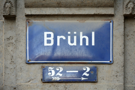 Street sign of the shopping street Bruehl in the city center of Leipzig - Germany.の写真素材