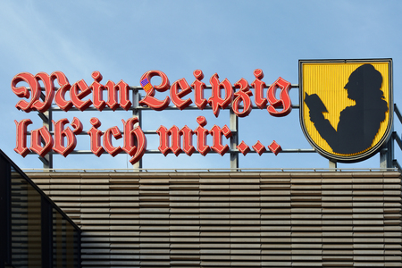 Shopping center Höfe am Brühl in Leipzig with the quotation of the German Poet Goethe ? ? ?My Leipzig I praise myself? ? - Germany.のeditorial素材