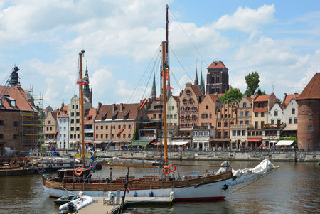 Cityscape of Gdansk at the river Motlawa with the tower of the Church Saint Mary - Poland.