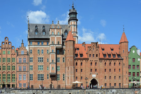 Cityscape of Gdansk at the river Motlawa with the Saint Marys gate - Poland.