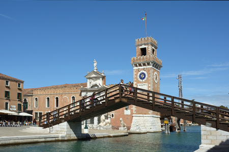 View of the entrance to the historic Venetian Arsenal and Naval Museum in Castello district of Venice - Italy.のeditorial素材