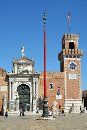 Arsenal and Naval Museum in Castello district of Venice with entrance and tower - Italy.のeditorial素材