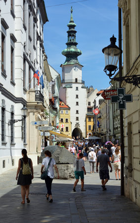 Michalska street and Saint Michael's Gate with Pedestrians in Bratislava - Slovakia.のeditorial素材