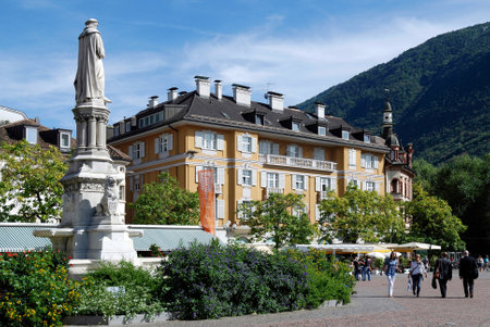 Monument to the poet Walther von der Vogelweide on Walther Square in Bolzano in South Tyrol - Italy.のeditorial素材