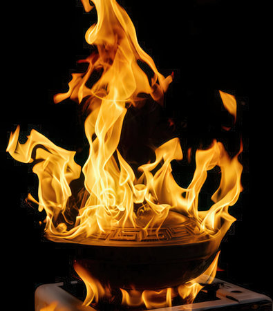 Cooking pot with fire on a black background. Close-up