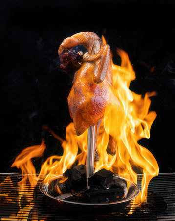 Roast chicken on a spit with flames on a black background.の写真素材