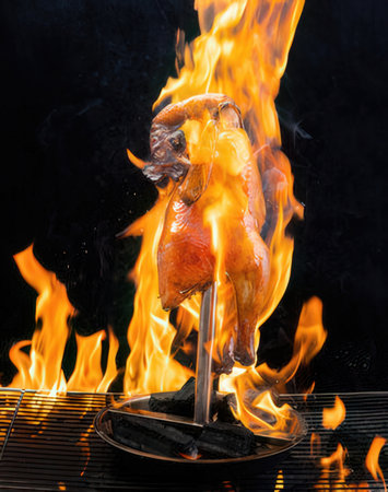 Grilled chicken on a spit in the flames of a fire.の写真素材