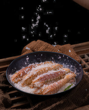Japanese food, Sashimi with rice on a black background.の写真素材