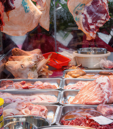 Variety of meat products on display at a street food market stallの写真素材