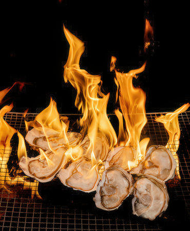 Fresh oysters on a barbecue grill with flames on a black backgroundの写真素材
