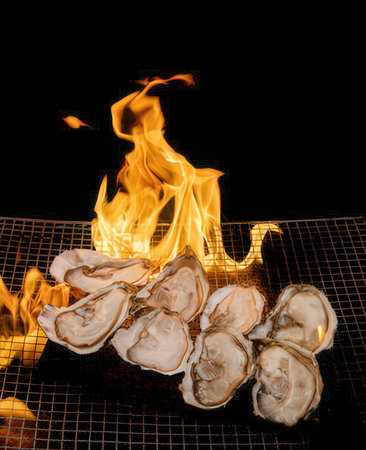 Oysters on a grill with flames on a black background.の写真素材