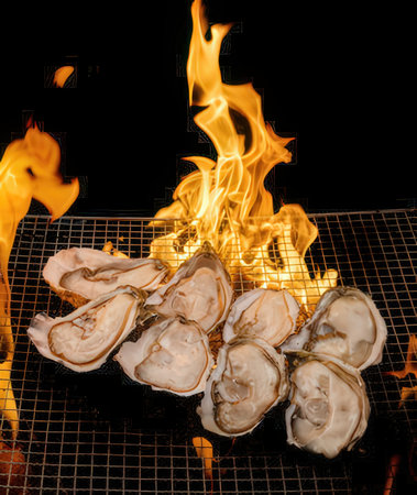 Fresh oysters on a barbecue grill with flames on a black backgroundの写真素材