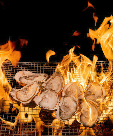 Oysters on a grill with flames on a black background.の写真素材
