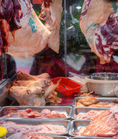 Fresh meat on display at a butcher shop in Paris, France.の写真素材