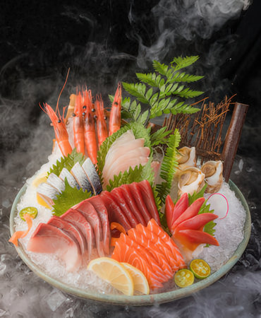 Sashimi platter with salmon, tuna, shrimp, prawns and other seafoodの写真素材