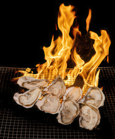 Oysters on a grill with flames on a black background.の写真素材