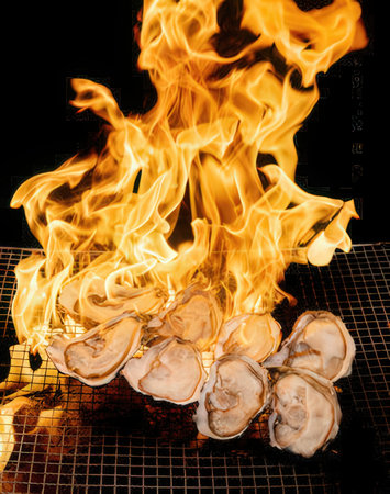 Fresh oysters on a barbecue grill with flames on a black backgroundの写真素材