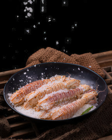 Japanese cuisine, sashimi on rice in black bowl on black backgroundの写真素材