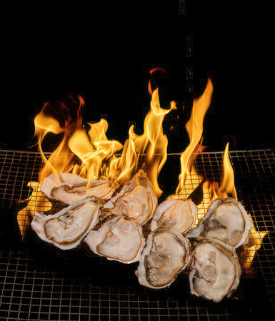 Oysters on a barbecue grill with flames on a black backgroundの写真素材