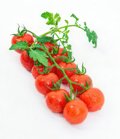 Cherry tomatoes on a branch with green leaves on a white backgroundの写真素材