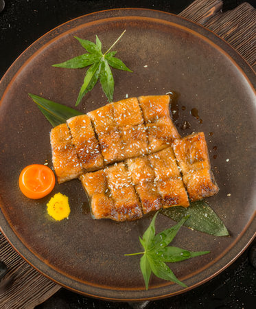 Grilled eel with sesame seeds on a plate, top viewの写真素材