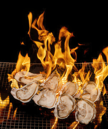 Fresh oysters on a barbecue grill with flames on a black background