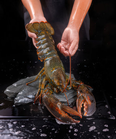 Lobster in the hands of a cook on a black backgroundの写真素材