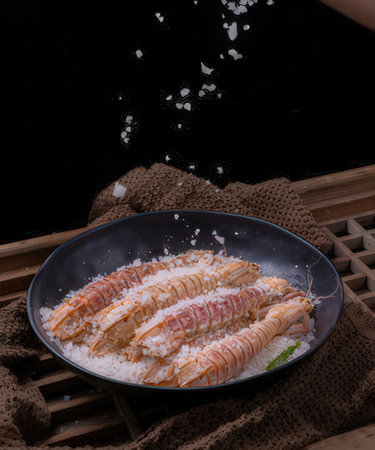 japanese cuisine. rice with shrimps on black backgroundの写真素材