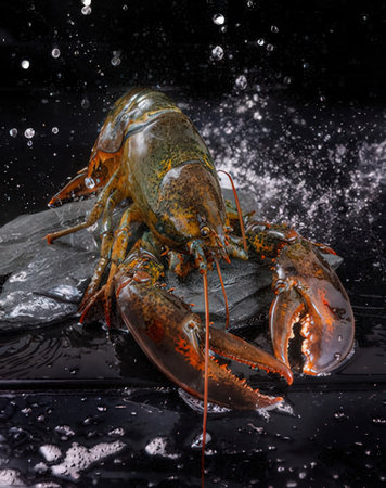 Live crayfish on a black background with drops of water.の写真素材