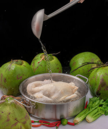Coconut water is being poured into a pot on black backgroundの写真素材