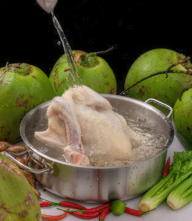 Pouring coconut water on raw chicken in a pan on a black backgroundの写真素材