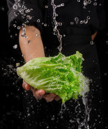 Close-up of a woman's hand holding a fresh lettuce with water splashesの写真素材