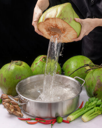 Female hands pouring water into a cauldron with fresh green coconutsの写真素材