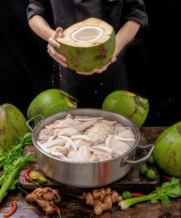 boiled chicken with coconut in pot on wooden table with black backgroundの写真素材