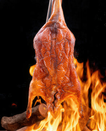 chicken on a black background in the flames of a bonfireの写真素材