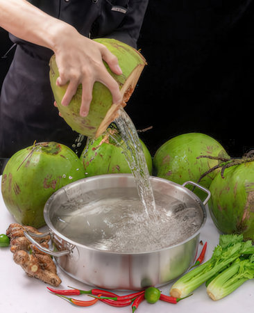 Coconut water being poured into a potの写真素材