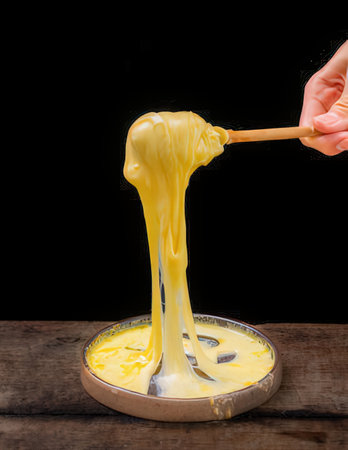 Yellow liquid dripping from a spoon into a bowl on a black backgroundの写真素材