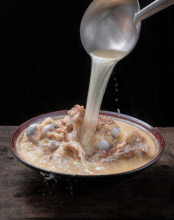 Pouring coconut milk into a bowl with ice cream on black backgroundの写真素材