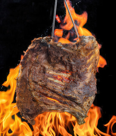 Piece of grilled meat on a fire isolated on a black backgroundの写真素材