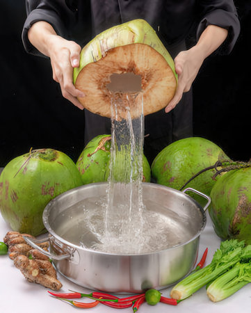 Chef pouring water from a pot into a bowl of green coconutの写真素材