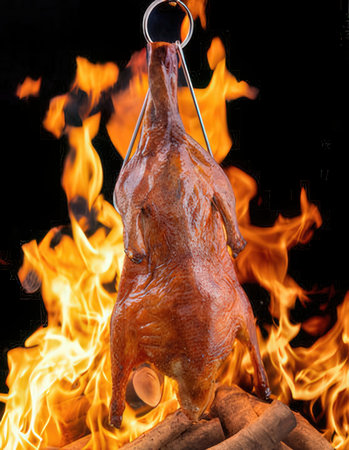 Roast duck on a spit with fire on a black background.の写真素材