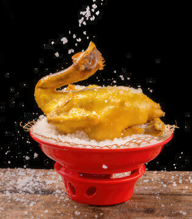 A yellow chicken in a red bowl on a black backgroundの写真素材