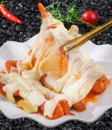 chicken fillet with tomato and cheese sauce on a black backgroundの写真素材